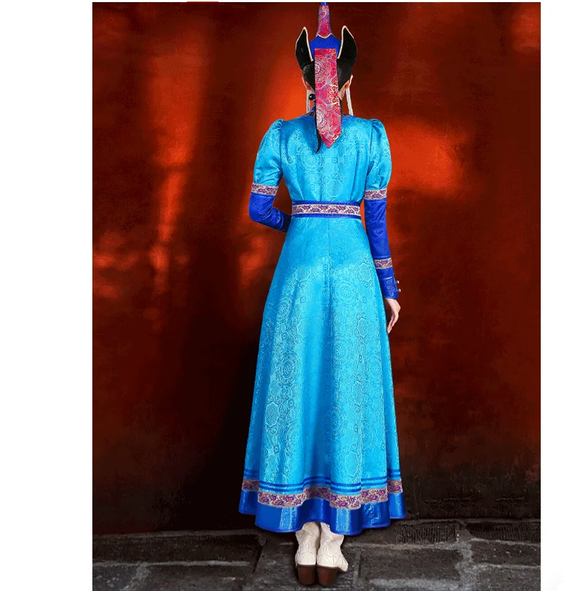 Chinese Folk Ethnic Style Performance Robe Blue Dress Dance Gown