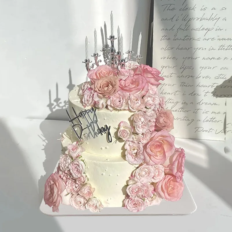 New double-layer simulation cake model candlestick beautiful flowers custom props window display samples