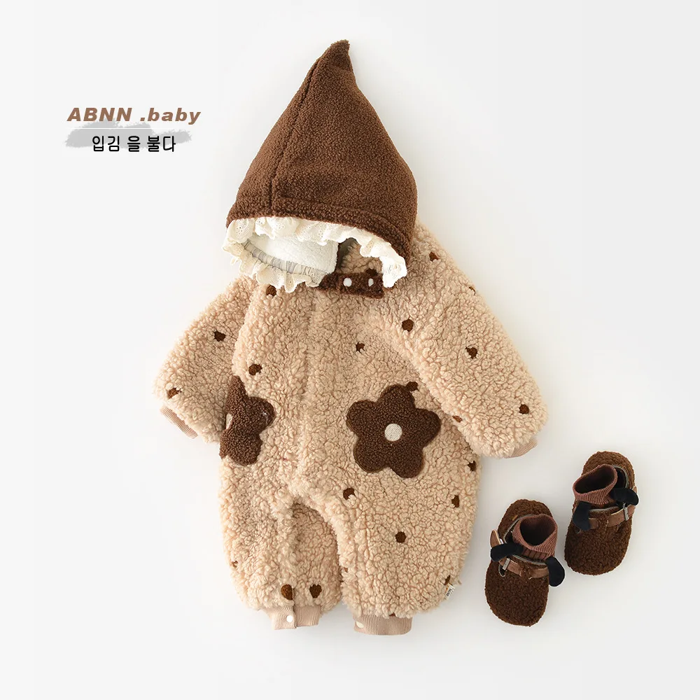 Infant Boy Girl Flower Jumpsuit Plus Velvet Thick Toddler Warm Clothes 2025 Winter New Baby Long Sleeve Fleece Romper + Hat