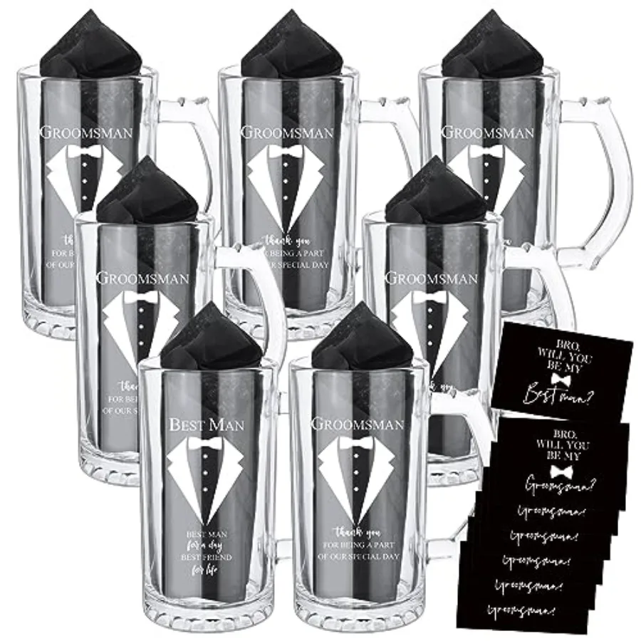 

Набор из 7 подарков для шаферов: стеклянный набор с твидедовыми костюмами, карточками «Сможете ли вы быть моим шафером» и папиросной бумагой для подарков на девичник/мальчишник