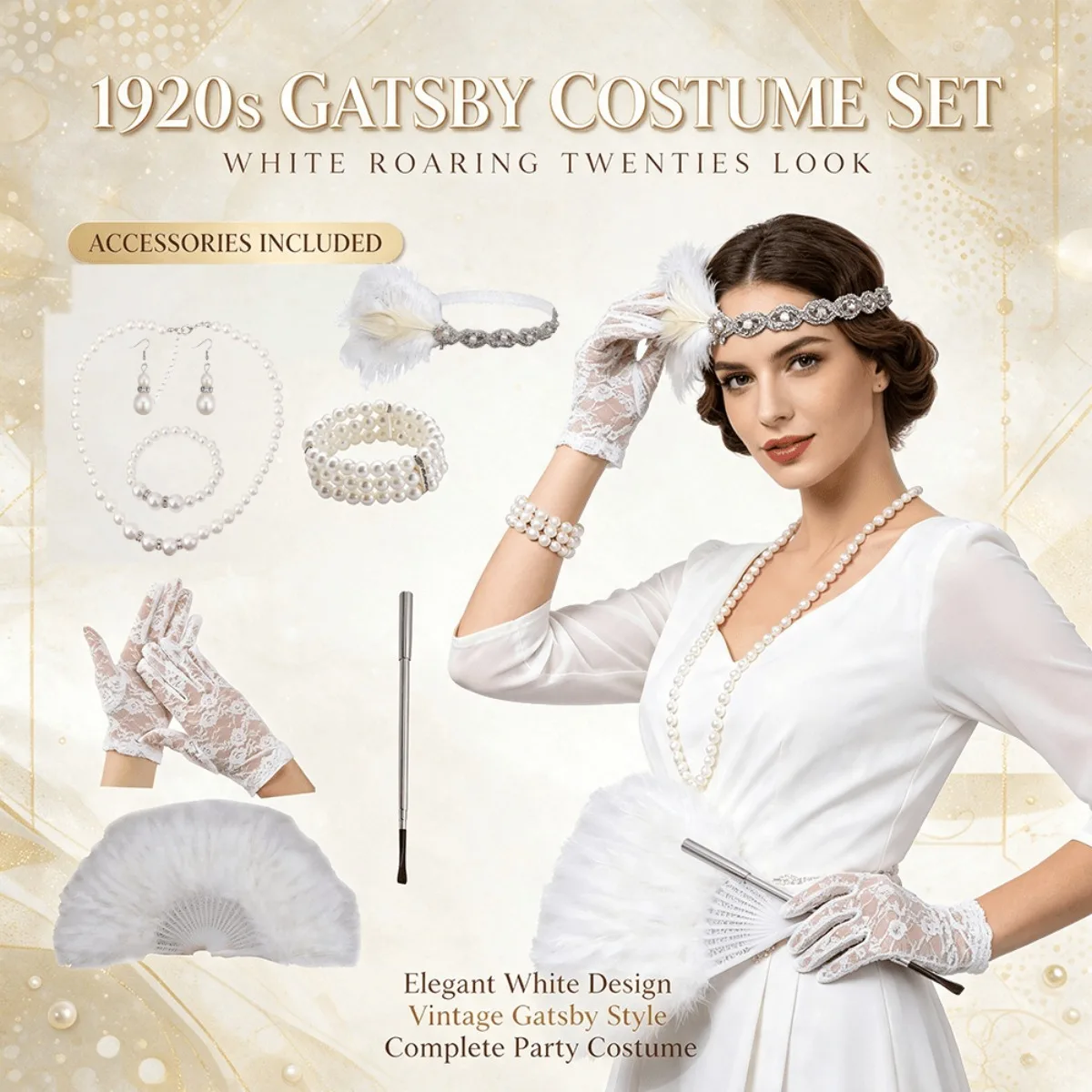 PESENAR 1920s White Gatsby Flapper Costume Set Feather Headband Pearl Jewelry Lace Gloves Feather Fan for Masquerade Halloween P