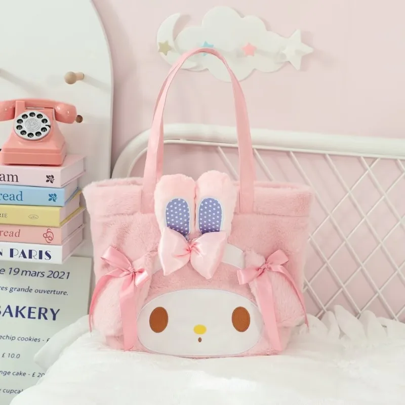 

Girls New Cute Cartoon My Melody Bow Handbag, Pink Fluffy Girls Casual Shoulder Bag Anime Peripheral Accessories