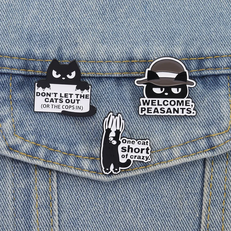 Sassy Black Cat Text Enamel Pin Don't Let The Cats Out Humorous Phrase Brooches Punk Style Lapel Badges For Cat Owners Teens