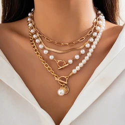 Gothic Metal Disc Pendant Flat Snake Chain Clavicle Necklace Punk Imitation Pearl Chain Multi Layered Choker Women Neck Jewelry