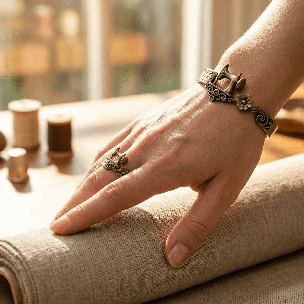 Unise Elegant Sewing Machine Bracelet Vintage Unique Adjustable Cuff Bracelet Metal Craft Design Finger Ring Special Occasion