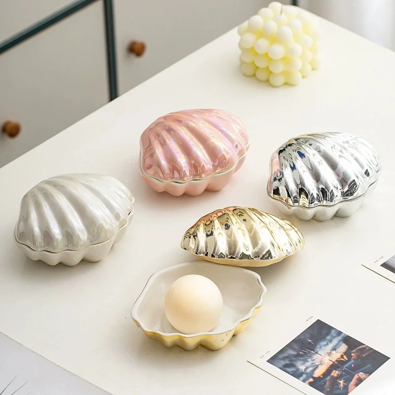 

Ceramic Seashell Jewelry Storage Box Earrings Rings Holder Home Desktop Room Decoration 5.04"x4.25"x2.6" Trinket Box