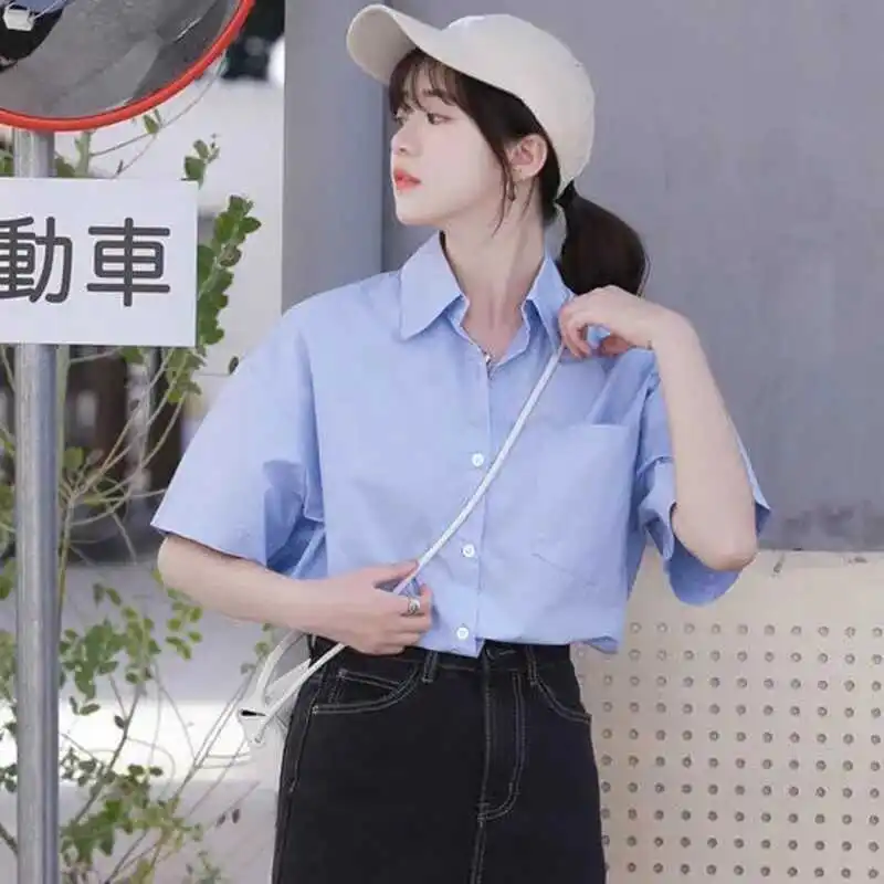 

Blue Summer New Casual Neck Short Sleeve Women's Shirt Loose Slimming Design Small Size Friendly Fashionable Top