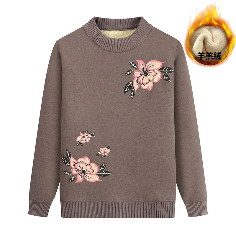 

Thicken Warm Middle Aged Mothers Long Sleeve Tops Grandma Sweaters Autumn Winter Base Shirt Velvet Knitwears Pullovers Women