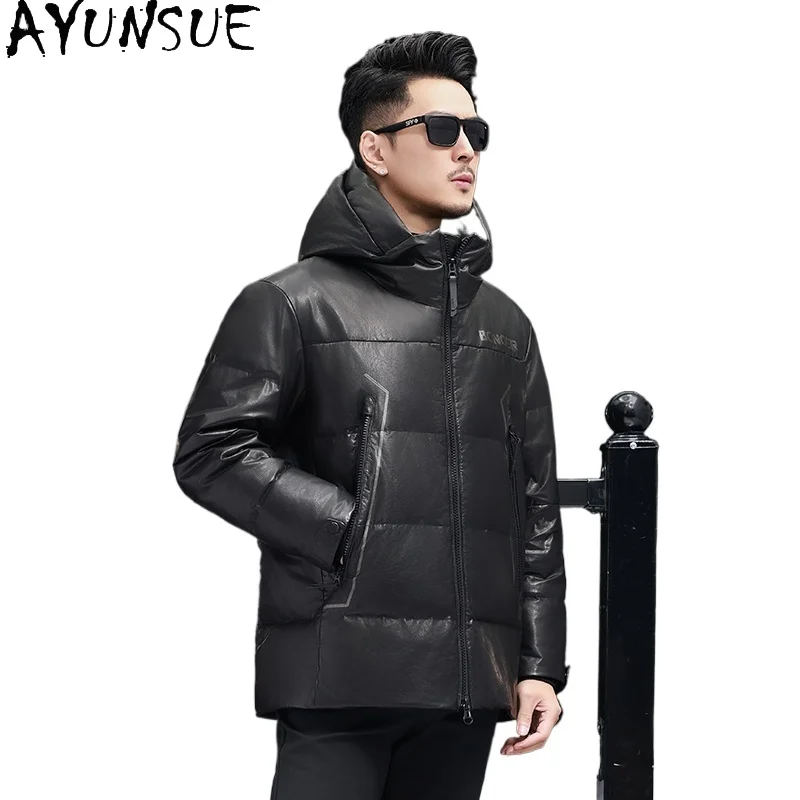 

AYUNSUE 100% Real Cow Leather Jacket Man Winter Hooded Warm White Duck Down Coat Top Layer Cowhide Leather Jackets Puffer Coats