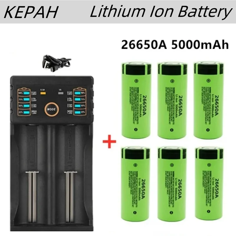 Original high quality 26650 battery 5000mAh 3.7V 50A lithium ion rechargeable battery for 26650A LED flashlight+charger