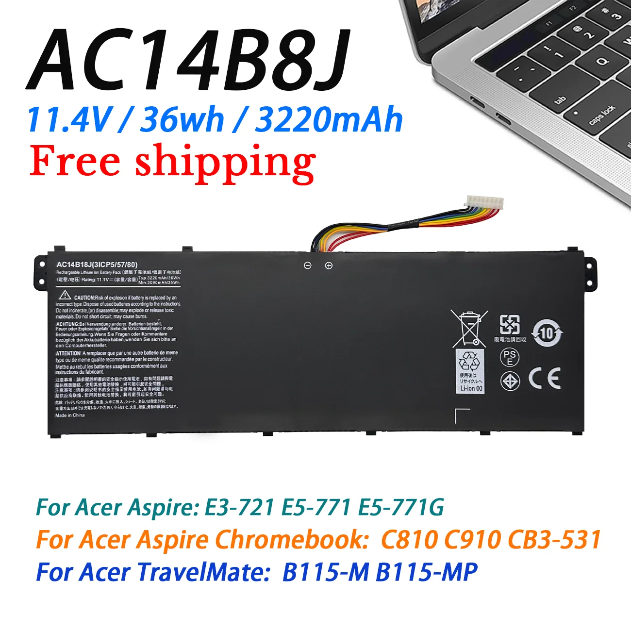 AC14B18J  Laptop Battery for Acer Aspire E3-111 E3-112 E3-112M ES1-531 MS2394 B115-MP EX2519 N15Q3 N15W4 EX215-51G 11.4V 36WH