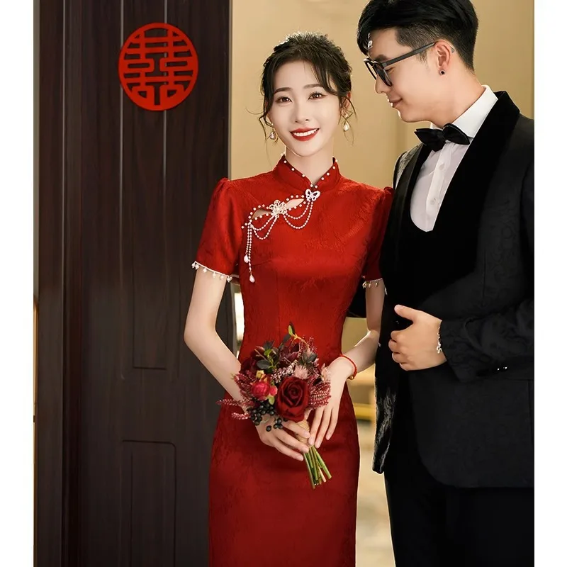 Chinese Style New Year Dresses Burgundy Qipao Women Evening Banquet Gown Elegant Hollow Out Cheongsam Jacquard Pretty Vestidos