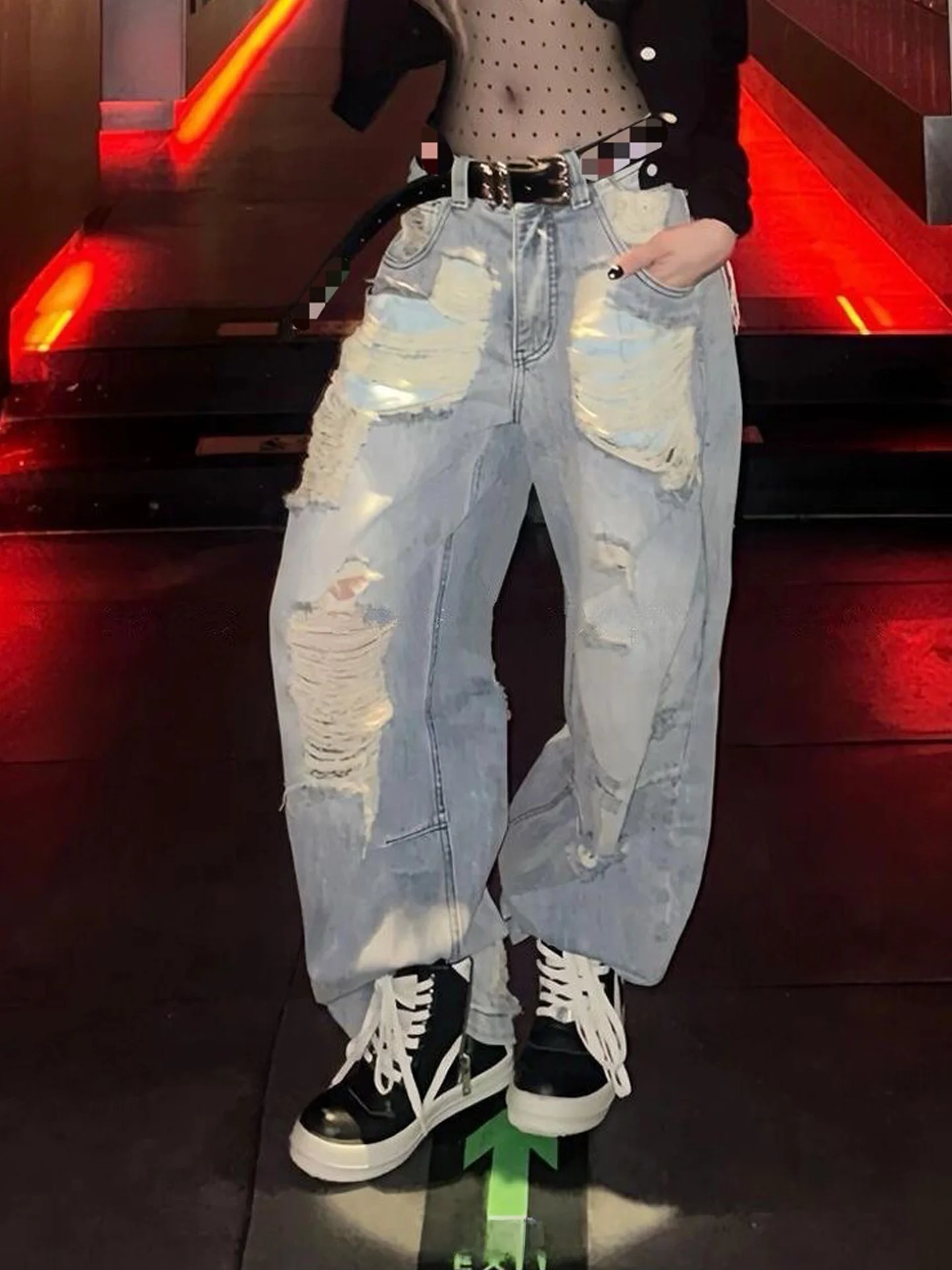 

Extended American Style High Street Design Distressed Denim Jeans Women's Sexy Vintage Patchwork Floor-Length Pants