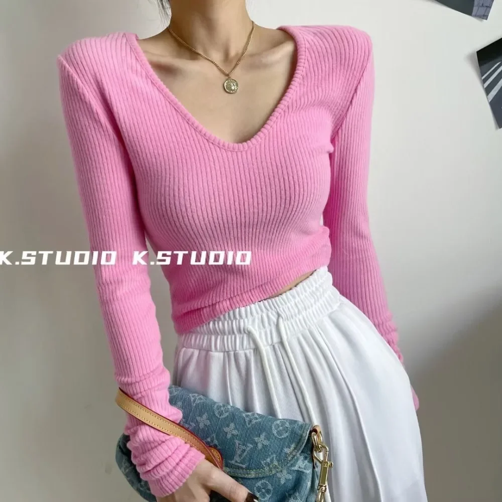 Korean Fashion Elastic Thread Cotton V-neck Slim Long Sleeve T Shirt Sexy Women Pullover Winter Autumn Casual Basic Solid Tops