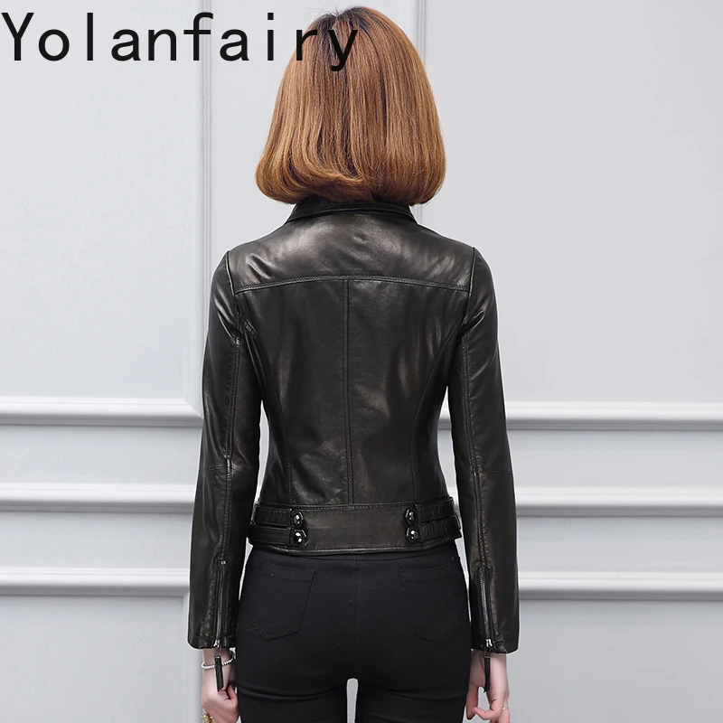 YOLANFAIRY 정품 가죽 자켓 여성 봄 가을 짧은 진짜 양피 가죽 코트 여성 슬림핏 오토바이 아우터웨어