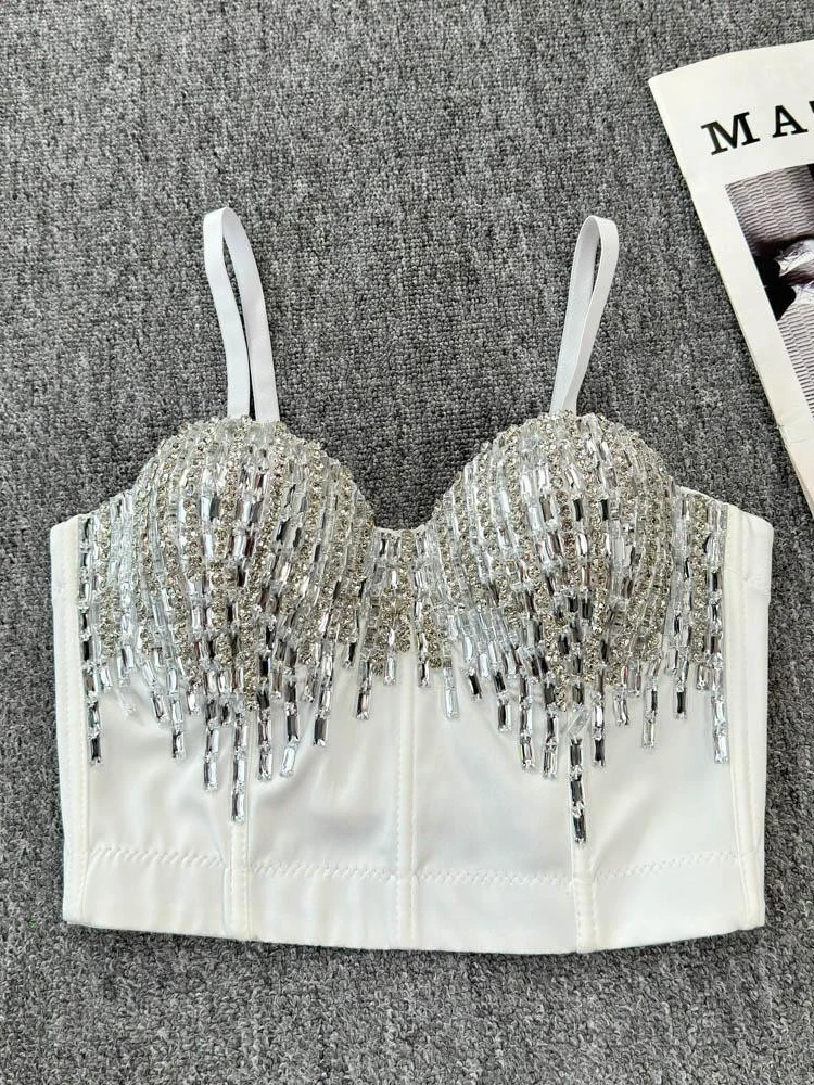 

Sexy Club Dancing Wrap Chest Diamond Embellied Tank Top ort Sle Fibone Brtte Inner Wear Outer Wear Crop Top