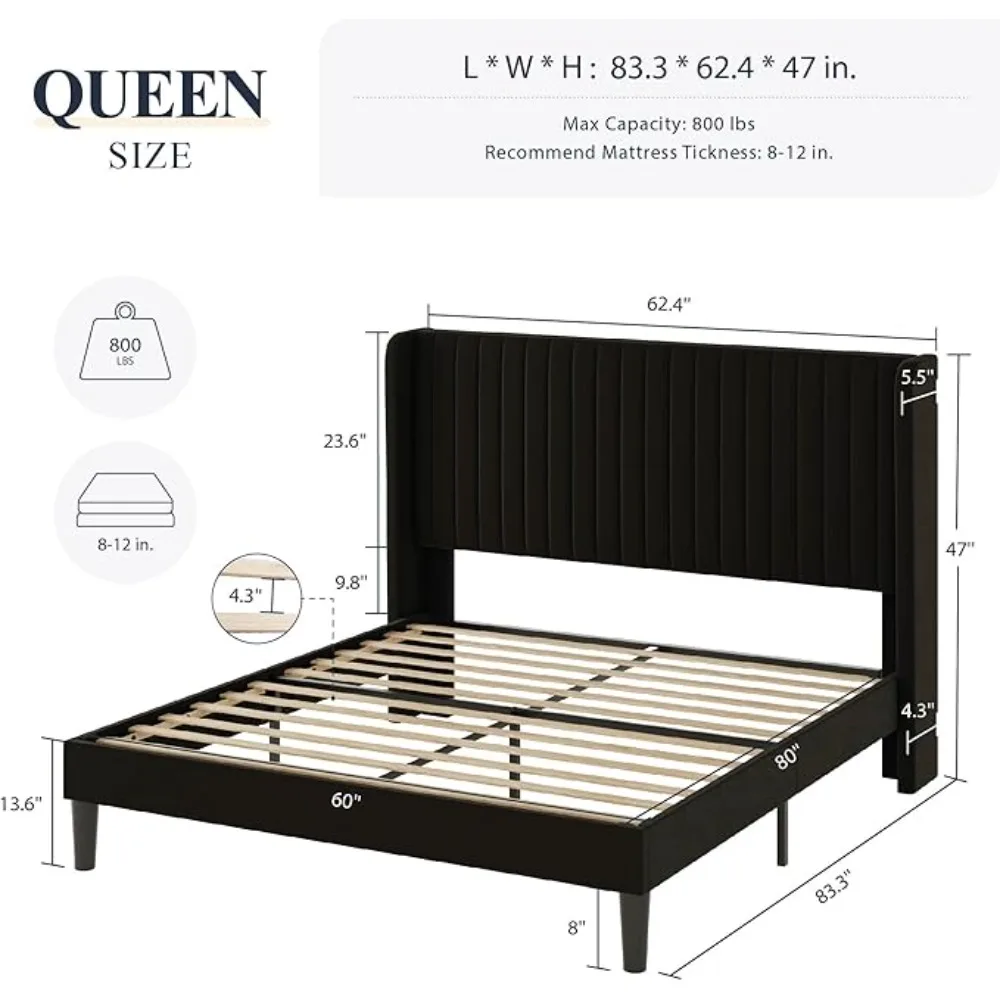 Bed Frame/Vertical Channel Tufted Wingback Headboard/Upholstered Platform Bed/Strong Wooden Slats/No Box Spring Needed/Easy