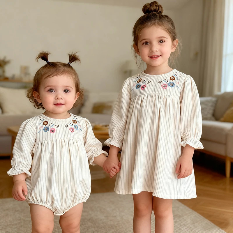0-6Yrs Herbst Schwester Süße Kleidung Kinder Stickerei Kleider Baby Mädchen Party Kleid Lange Ärmel Cord Baby Niedliche Prinzessin Strampler