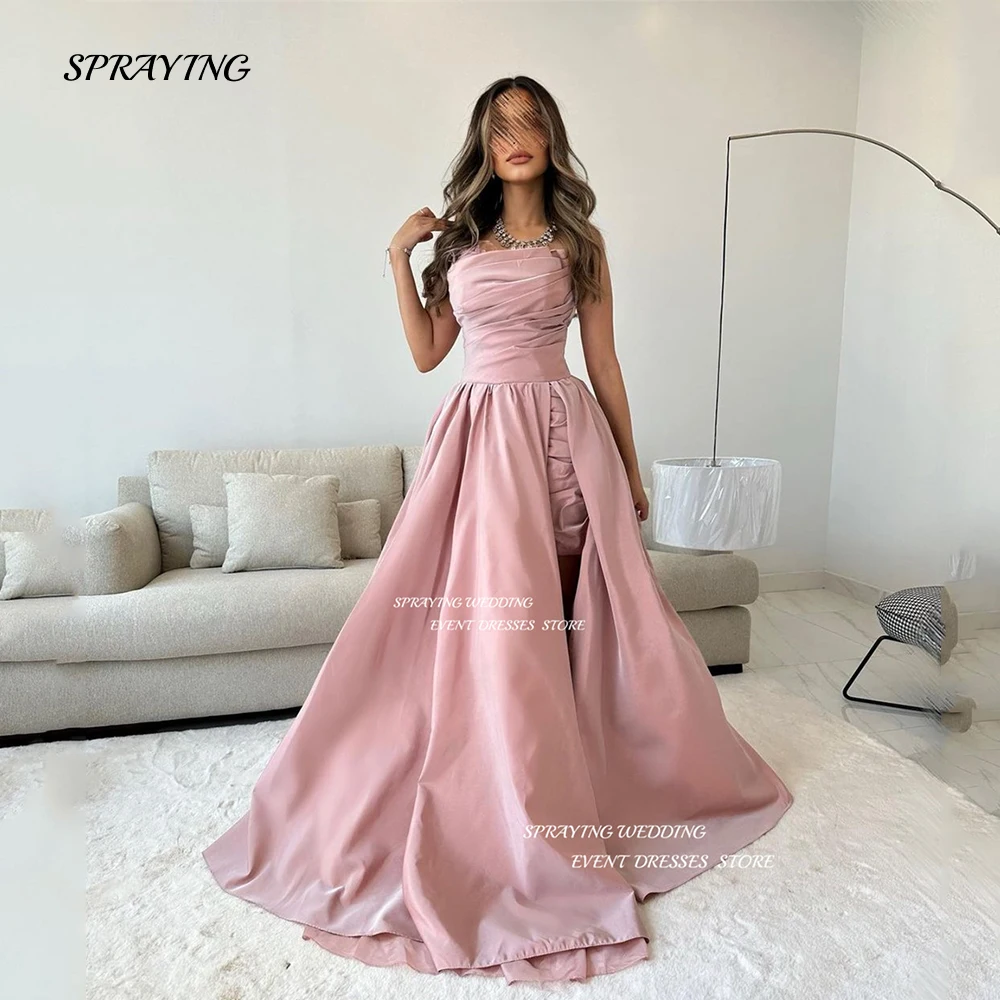 SPRAYING Dirty Pink Strapless Evening Dress A Line Sleeveless Prom Gown Pleats High Split Formal Occasion Dresses Custom Made