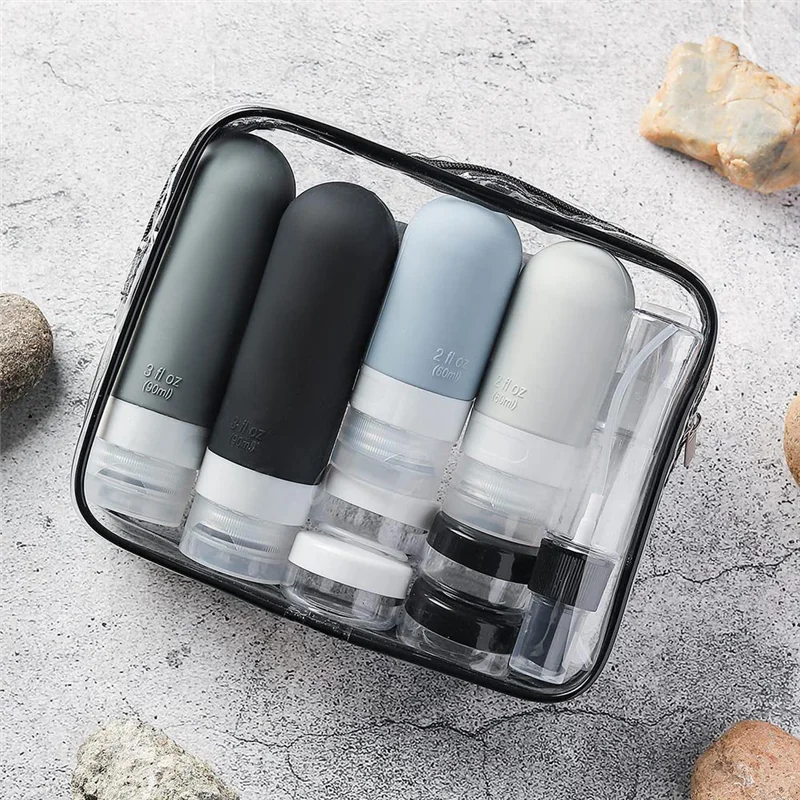 ABAE-Companion de viaje esencial: juego de botellas de silicona a prueba de fugas de 17 piezas para baño, acondicionador y más artículos de tocador