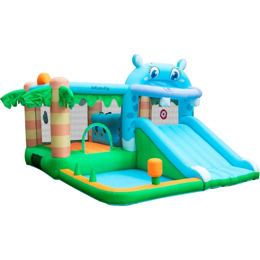 Casa de rebote inflable para castillo de casa de juegos con toboganes de soplador, piscina de pelotas, aro de baloncesto y juego de lanzamiento para húmedo y seco