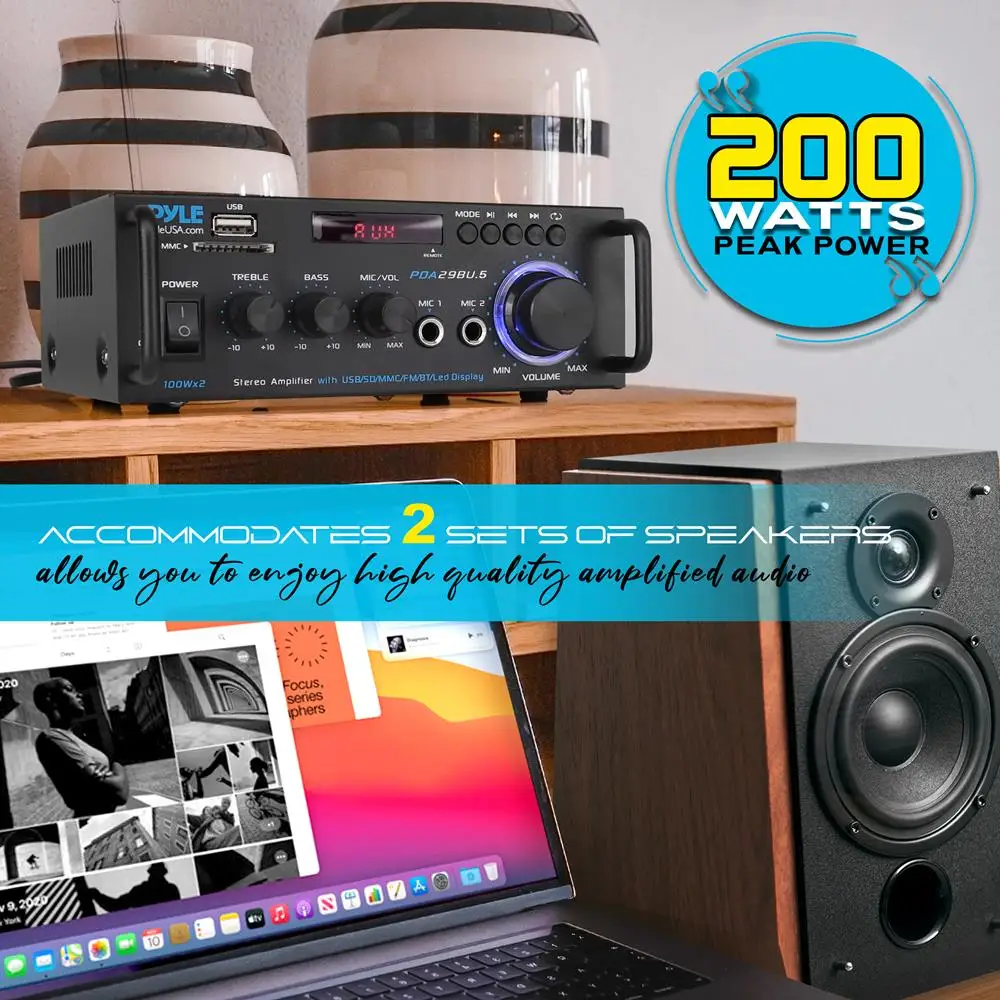 Wireless Dual-Channel Stereo Audio Amplifier with Bluetooth, USB/SD Inputs, RCA and MIC Ports, FM Tuner, LED Display