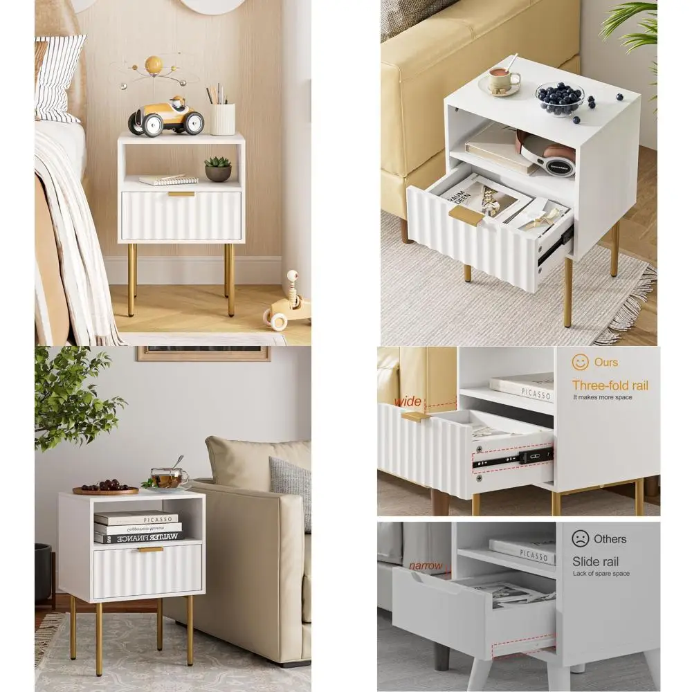 

Elegant Gold Frame Nightstand with Drawer and Shelf, Modern White Bedside Table for Bedroom and Living Room
