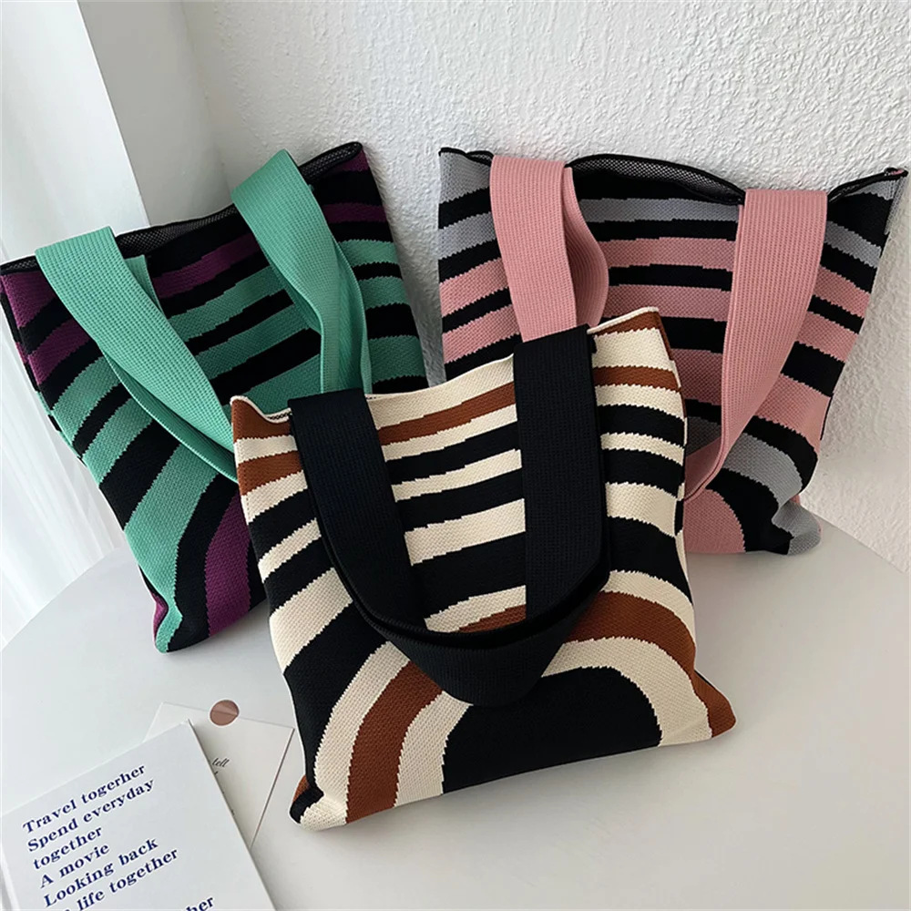 Handmade Knit Handbag Women Mini Knot Wrist-Bag Female Fashion Leisure Minimalist Stripe  Tote Bag Student Reusable Shopping Bag