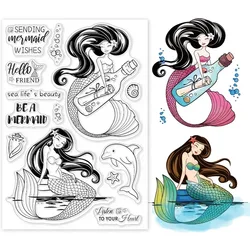 1Sheet Mermaid Sea Clear Stamps for Card Making Decorative Dolphin Greeting Words Transparent Silicone Stamps for DIY