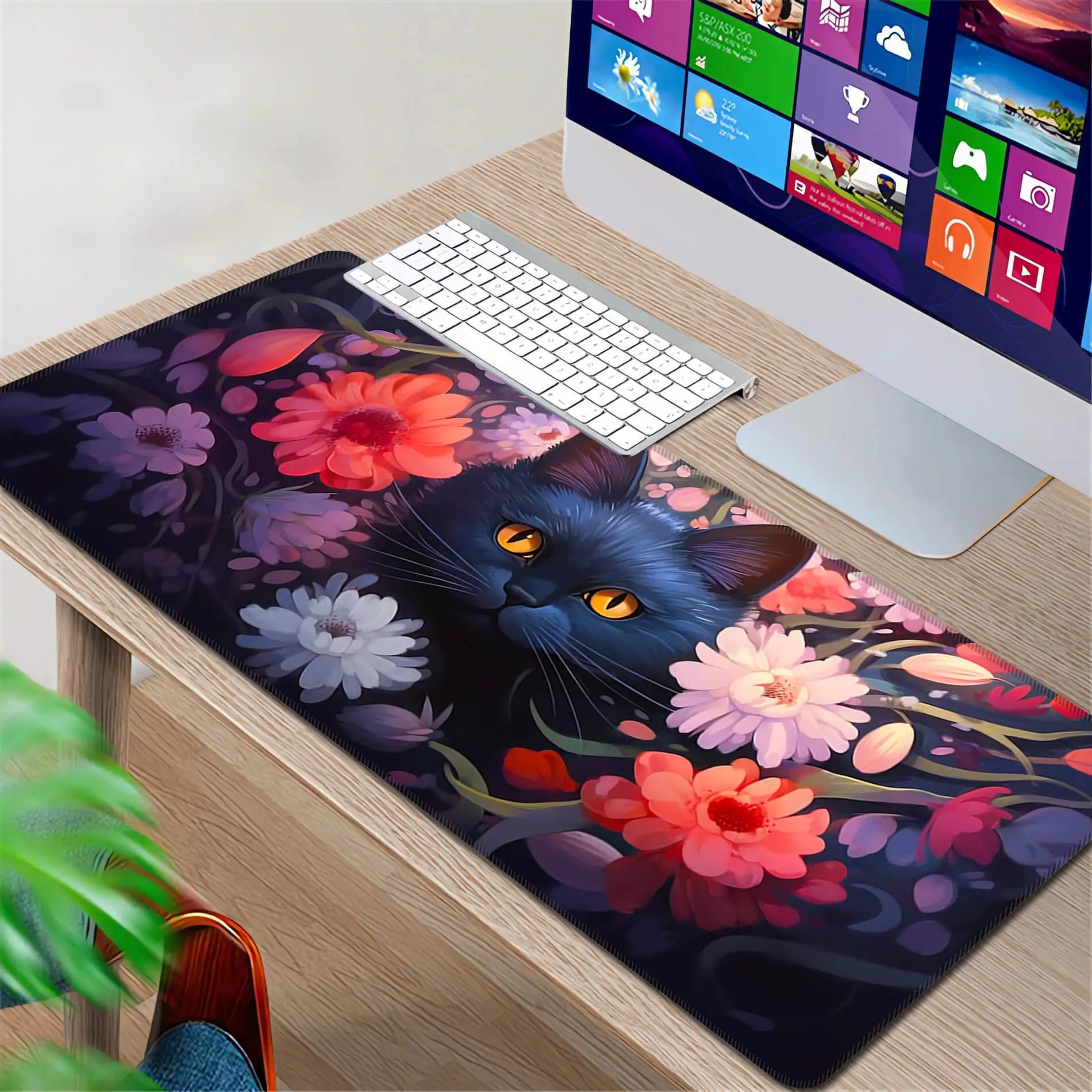 Blue Cat Avatar Desk Mat,large Kitten Gaming Computer Mat,extended Desk Mouse Pad,XXL Kawaii Sphinx Laptop Mat,gifts for Her