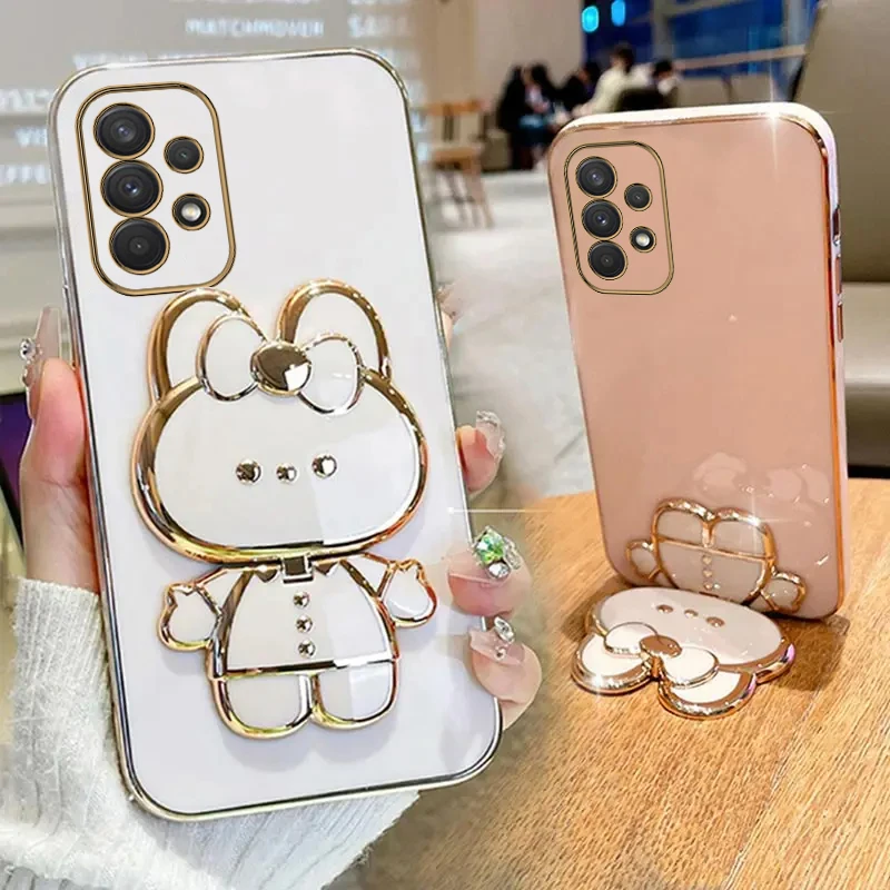 Makeup Mirror Cute Rabbit Phone Holder Case For Samsung Galaxy A32 A23 A13 A33 A52 A52S A53 A72 A73 4G 5G Woman Used Back Cover