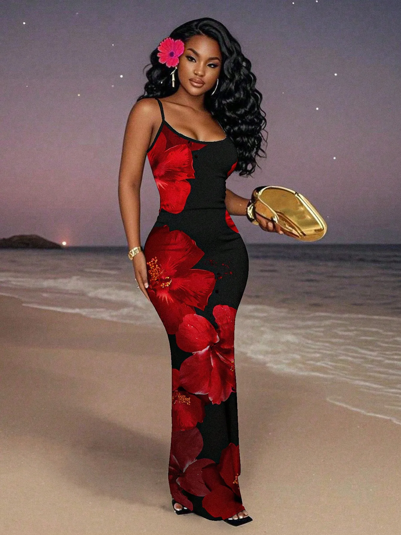 

Черно-красное макси-платье без рукавов с цветочным принтом для вечерних пляжных вечеринок