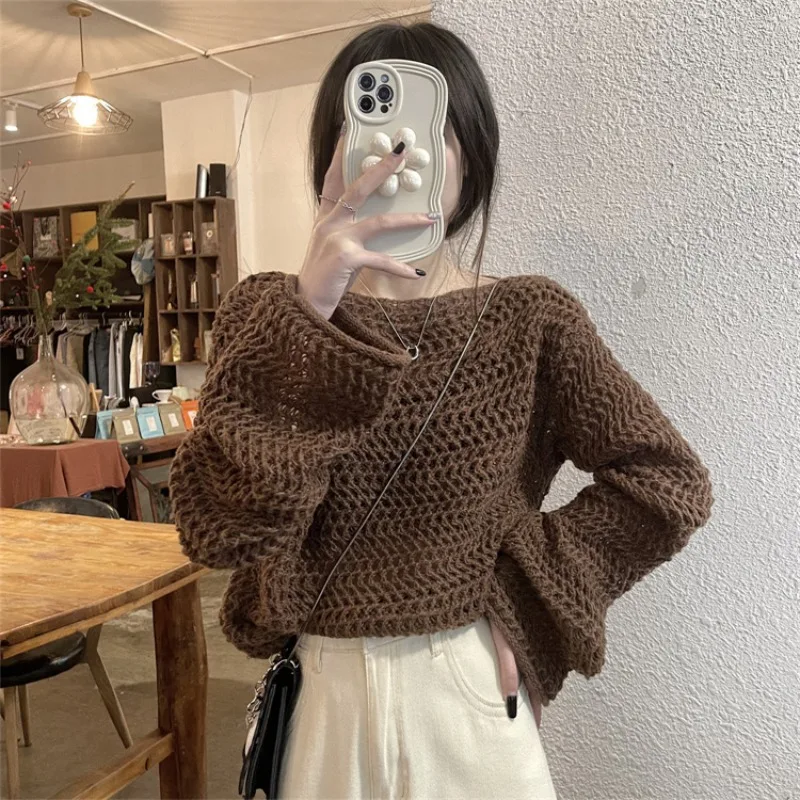 Ladies' Hollow out Knitted Top 2023 New Design Lazy Style Loose Fit Bell Sleeve One Shoulder Casual Fashion Long Sleeve Sweater view 2