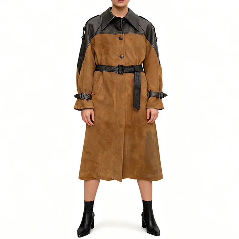 New Women Leather Patchwork Coat Fashion Outside Coat With Belt
