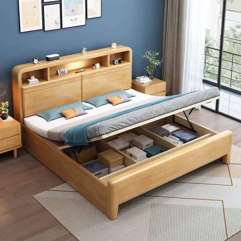 Modern Deluxe Double Queen Bed White Solid Wood Platform Bed Storage Head Bedroom Furniture Set