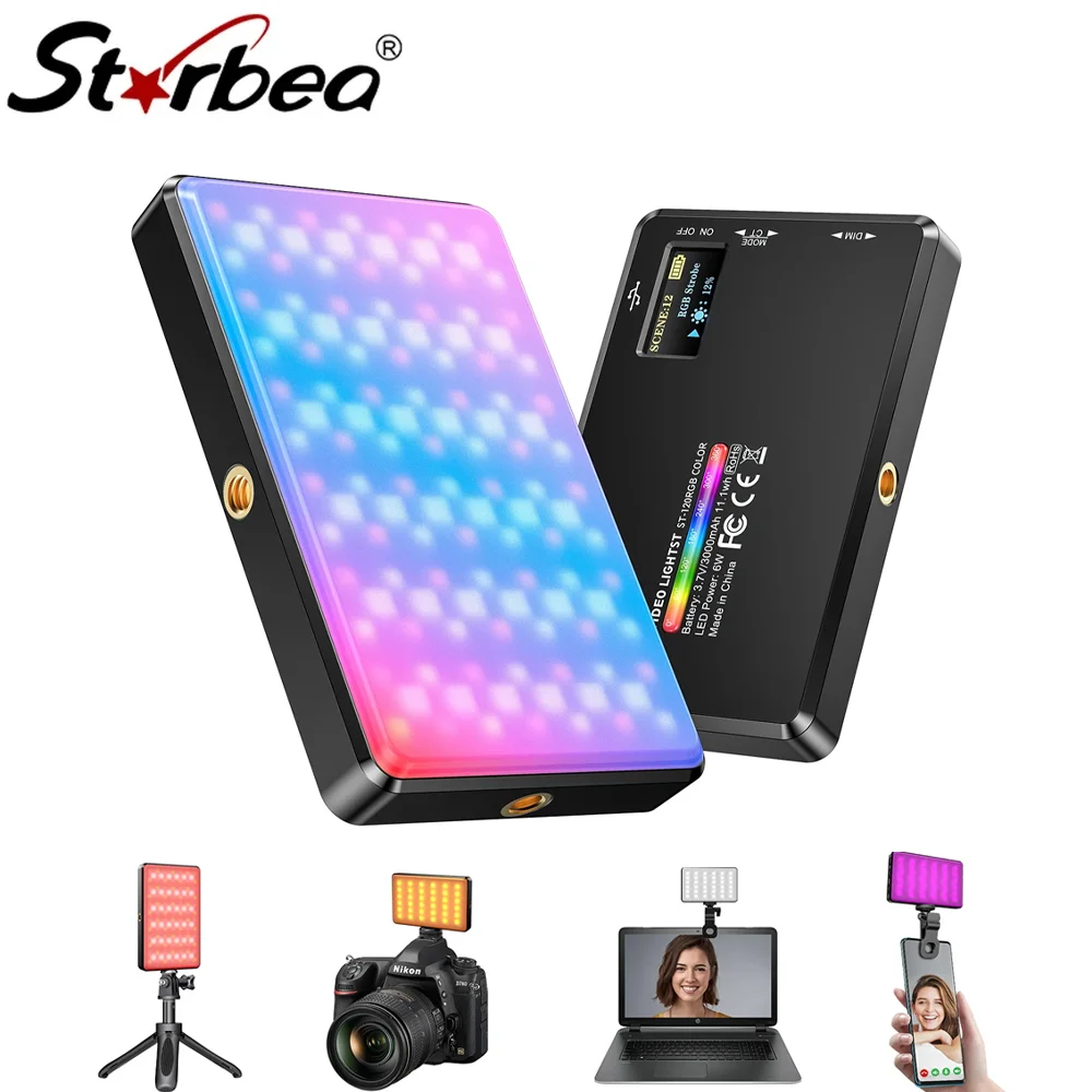 

Strbea 120RGB LED Video Light Rechargeable Clip Fill Camera Light CRI95+ 2500-9000K Adjusted 7 Light Modes for Phone Live Vlog