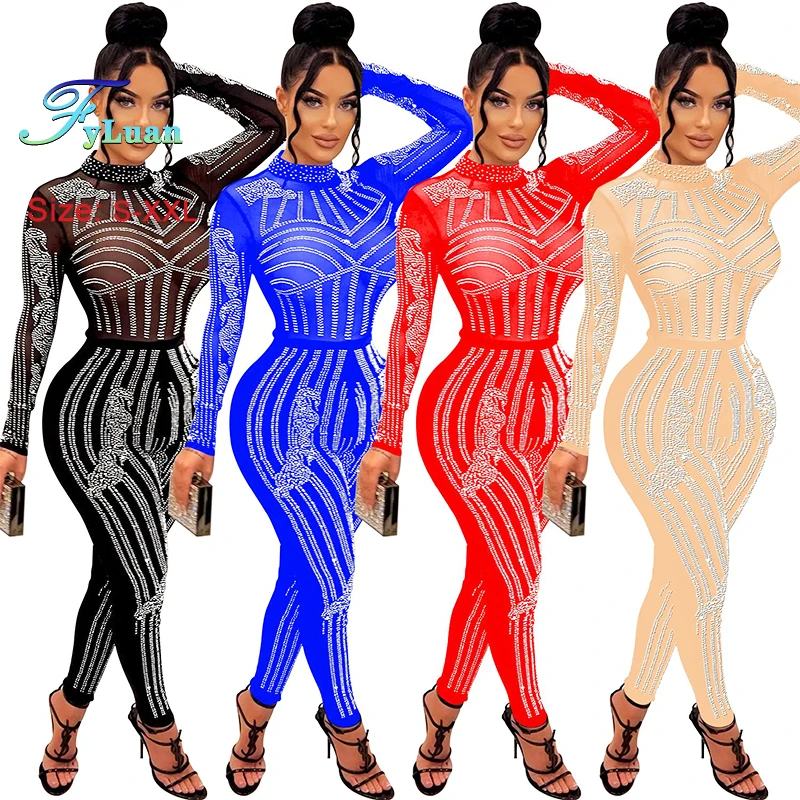 2025 繊細な女性ジャンプスーツタイトフィット長袖メッシュ透視パンツセット O ネックホットラインストーンクラブカジュアルオーバーオール