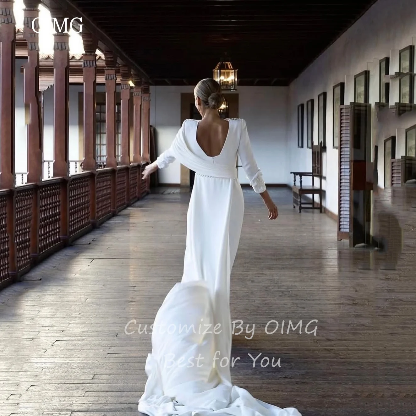 OIMG エレガントなアイボリーマーメイドウェディングドレスアップリケ長袖花嫁ドレス床の長さのウェディングドレスカスタマイズ