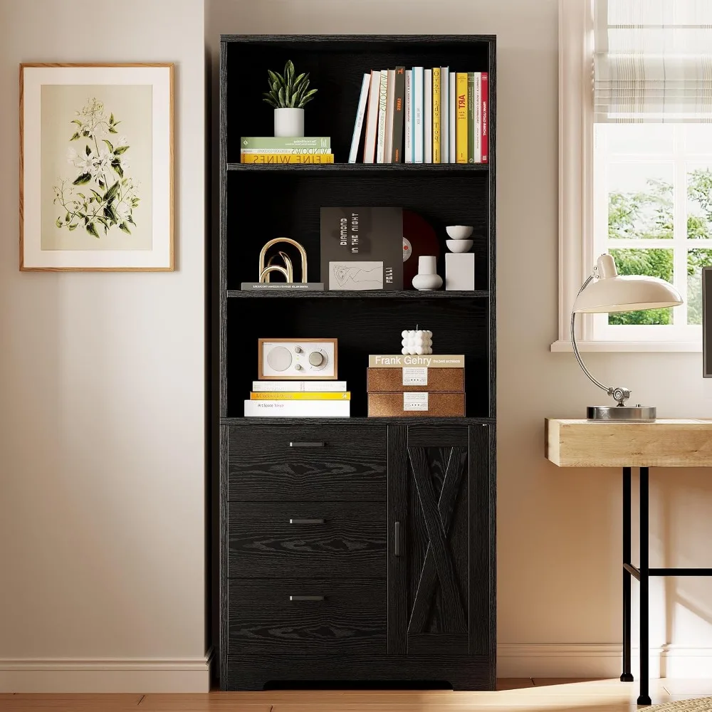 Industrial-Style 3-Tier Bookshelf with Doors, 3 Drawers, Enclosed Storage, Anti-Tip, 132 lb Capacity