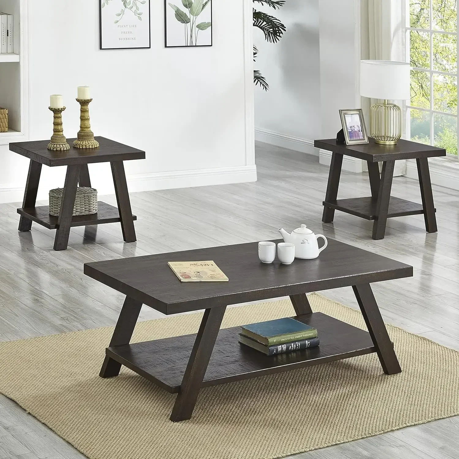 Roundhill Furniture Athens Contemporary 3-Piece Wood Shelf Coffee Table Set, Engineered Wood, 24D x 48W x 19H in, Espresso