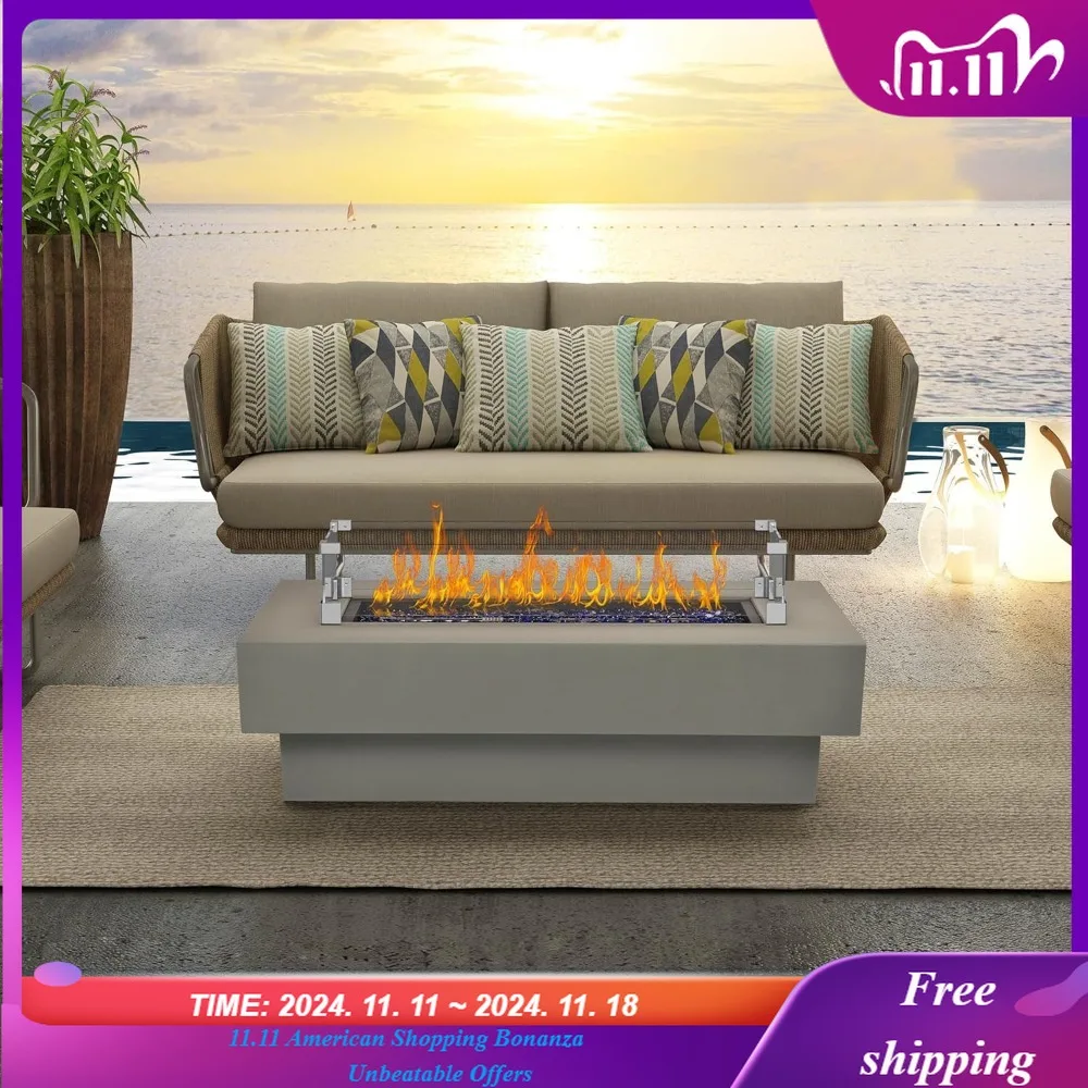 

Outdoor Low Profile Fire Table with Wind Glass Shield, 48-inch Rectangle Propane Gas Fire Pit Table, 50,000 BTU Modern Firepit