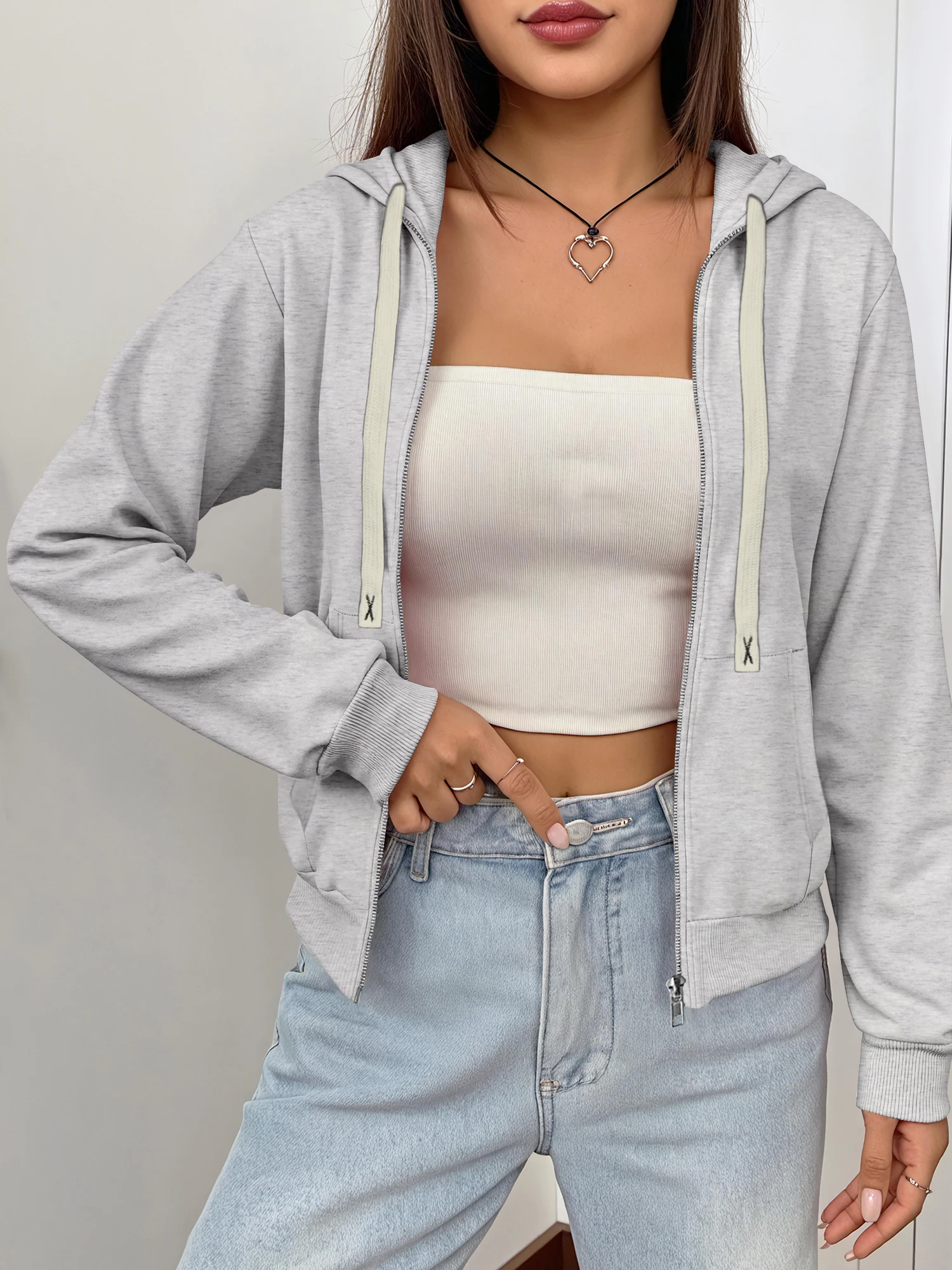 Hip Hop Street Solid Cropped Zip Up Hoodie Ladies Long Sleeve Simple Solid Hooded Outer Jacket