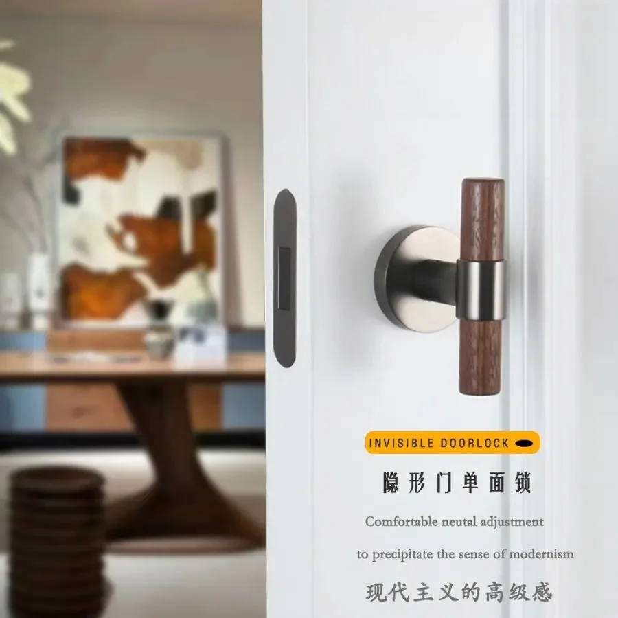 Modern Hidden Single‑Sided Invisible Door Lock with Solid Wood Handle, Special for Indoor Secret Bedroom Doors