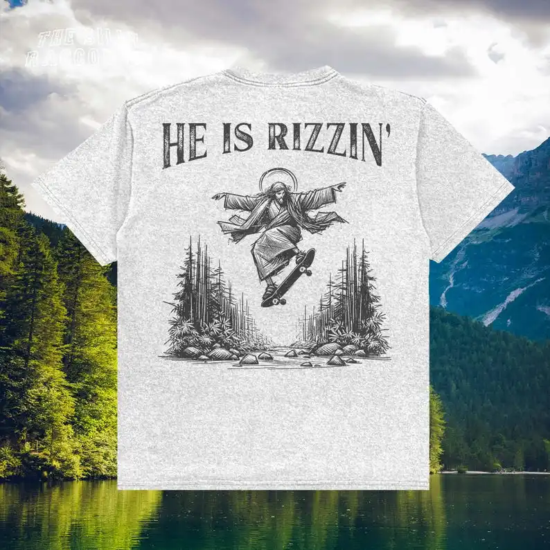 He Is Rizzin Shirt Funny Jesus Skateboarding Tee Vintage Christian Meme Tops for Men Women Ironic Tee Sarcastic Tshirt Gag Gift