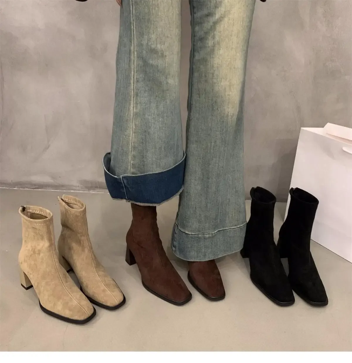 Quadratische Spitze Sexy Wildleder Casual Arbeitsstiefel für den Winter Bequeme Reißverschluss-Bankett-Elegante High Heels Damenstiefel – Detail 5
