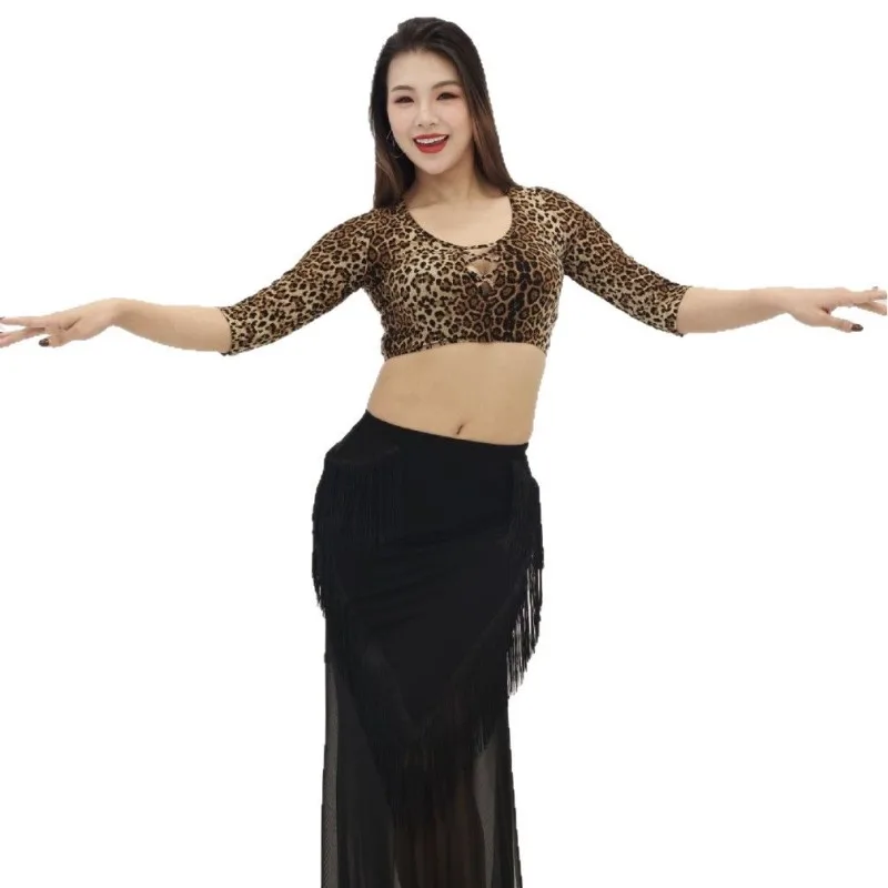 Trajes de dança do ventre personalizados, vestido de prática, conjunto de dança oriental, top gradiente com estampa de leopardo e saia de franja de malha preta