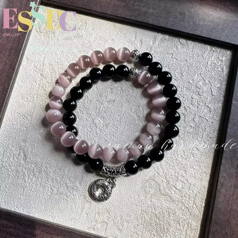 Banquet accessories Moyan new Chinese style natural obsidian cat's eye transfer beads energy beaded double circle bracelet