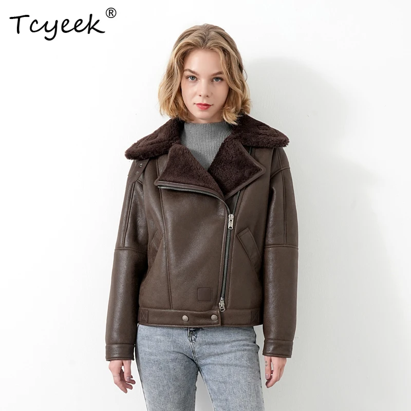 Tcyeek Real Sheepskin Autumn Winter Trendy Retro Motorcycle Caramel Color Short Women's Shearing Wool Fur Coat Manteau Femme