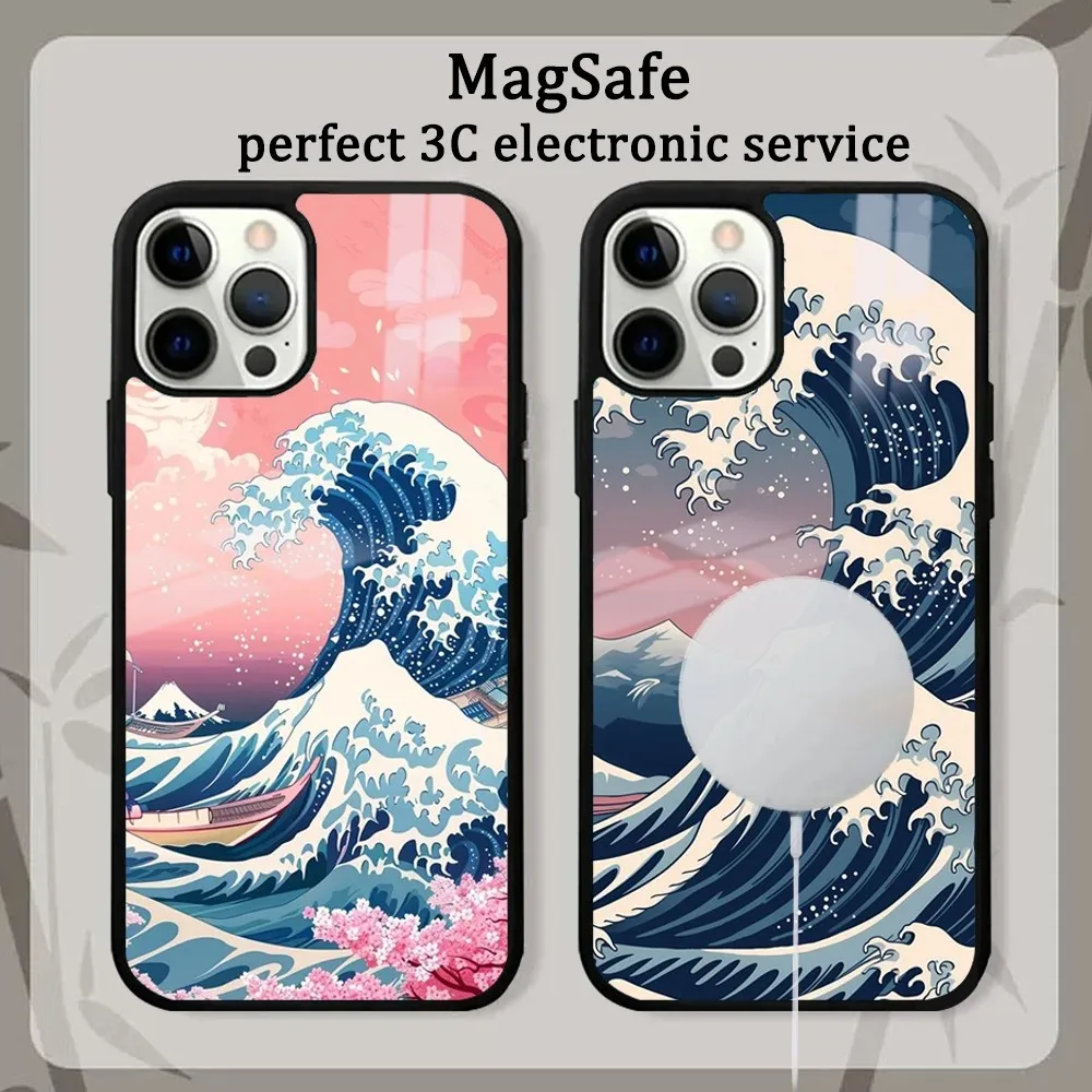 Fashion Japan The Great Wave Off Kanagawa Phone Case For iPhone 15 14 13 12 11 Pro Max Plus Mini Mirror Magnetic Cover