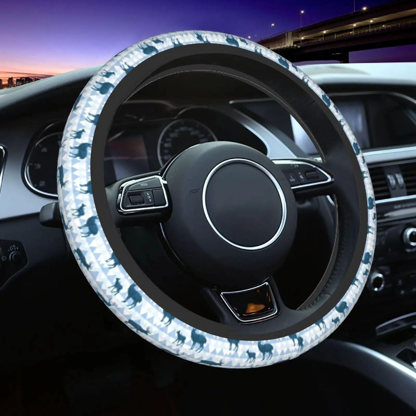 Forest Animal Deer Blue Pattern Steering Wheel Covers Car Accessories Steering Wheel Protector Universal 15 Inch for SUV Trucks